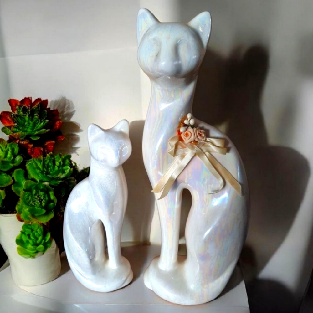 Pair of Elegant Midcentury Opalescent Ceramic Glaze Cat Sculptures